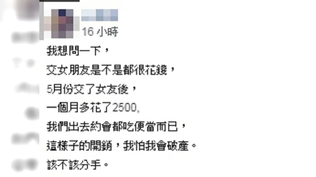 交女友每月多噴2500元 他「擔心破產」苦惱:該分手嗎?
